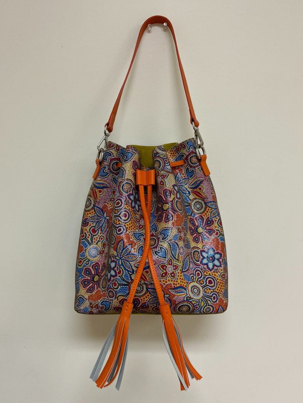 INNUE Italian Leather Printed Bucket Bag w/ Crossbody Strap & Pouch